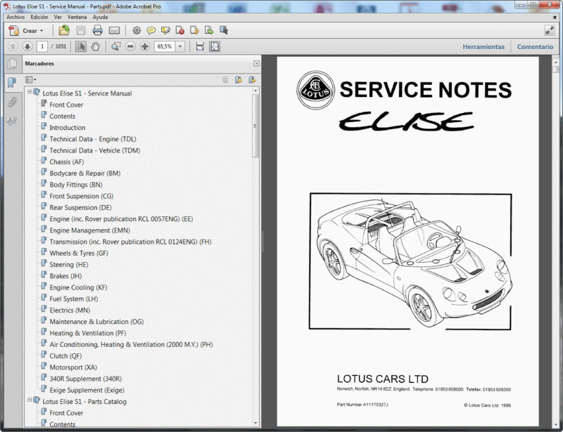 Lotus Elise S1 Repair Manual Parts Catalogue